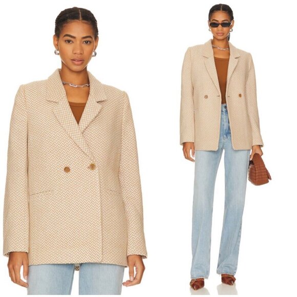 💕ANINE BING💕 Tweed Double Breasted Fishbone Blazer ~ Tan & Cream XL - Picture 9 of 16